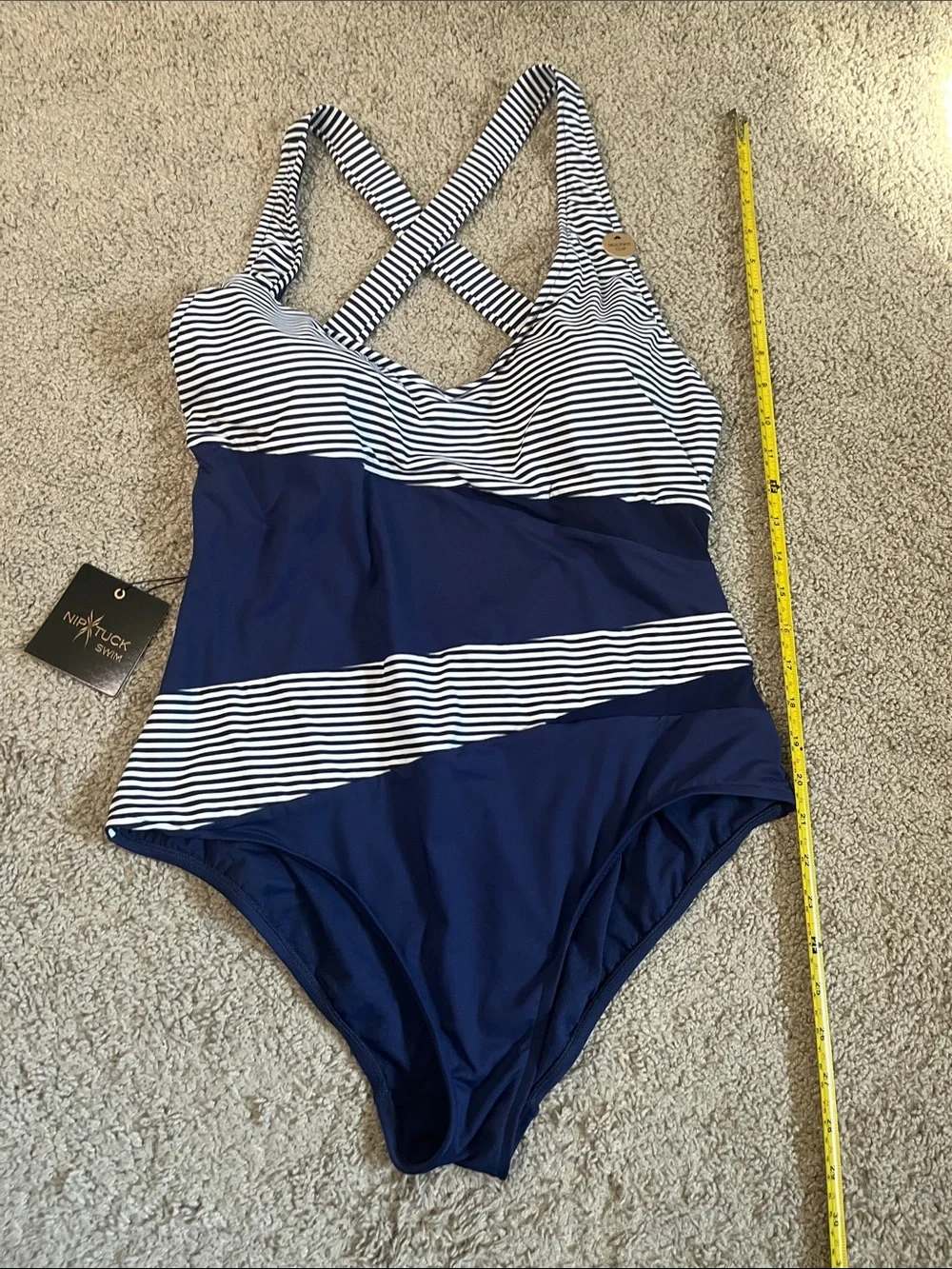 Striped Navy Blue One-Piece Swimsuit with Crossback Straps